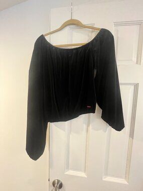 PHILANTHROPY Black Velour Off-the-Shoulder Long Sleeve Top - Size M